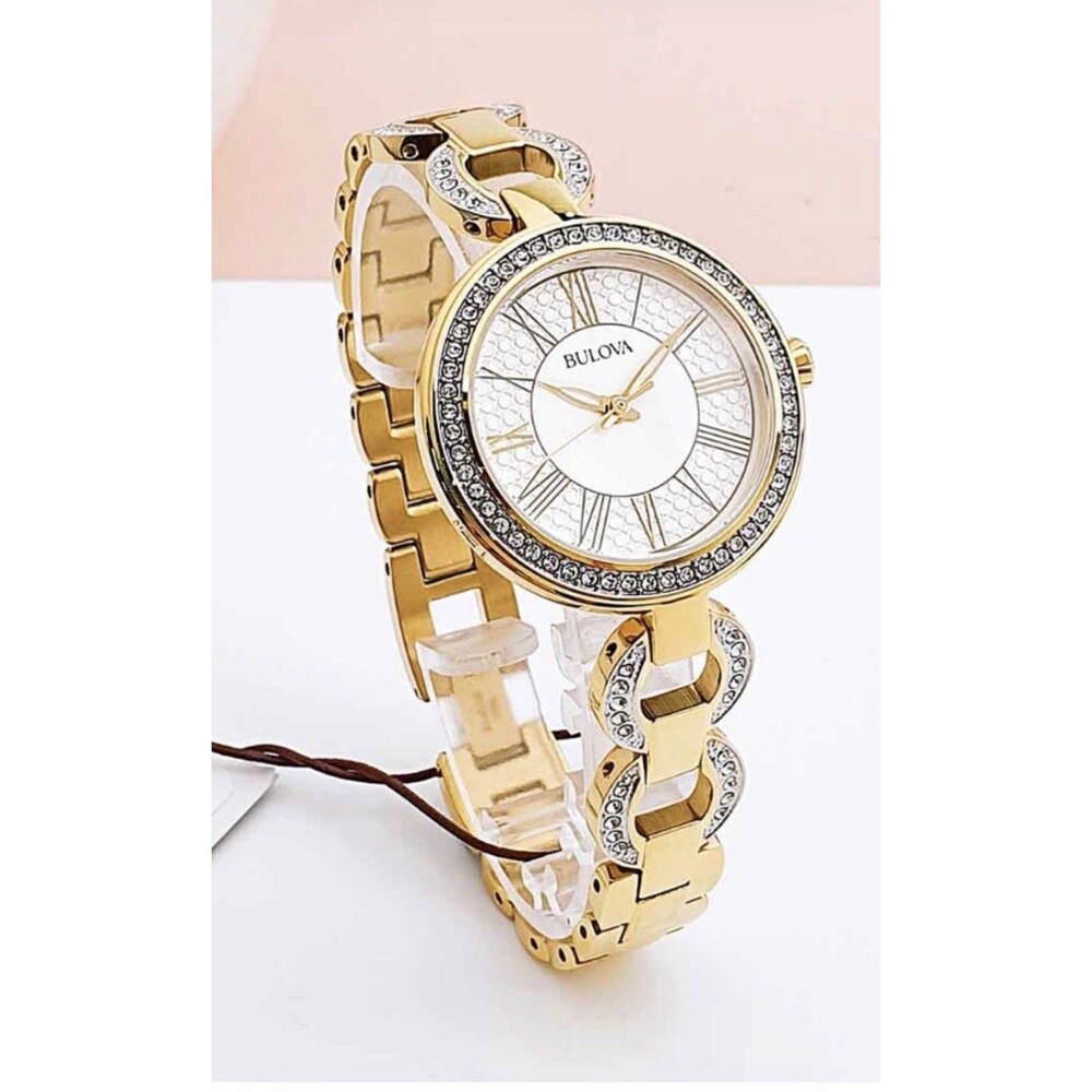 NEW!! Bulova Classic Crystal Bezel Stainless Steel Ladies Quartz Watch 98L300